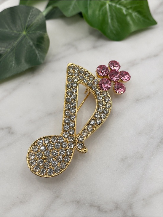 Jewelry - 6/$25 - Rhinestone Musical Note Brooch with Pink Flower (BR-12-12/4)